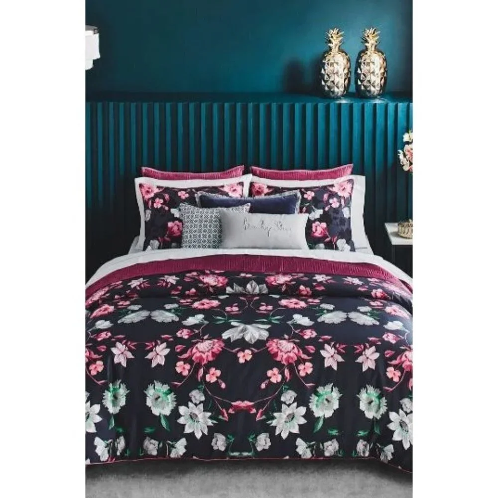 Ted Baker London Blue Pink Floral Rhubarb Duvet Cover & Shams Set Sz Queen New
